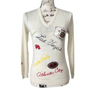 Sir Robert Embroidered Casino-Themed V-Neck Sweater Vintage Vegas Reno Gamble XS